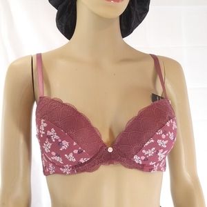 LAURA ASHLEY Calico Comfort Satin Lace Trim Push-Up Bra NWT 34C